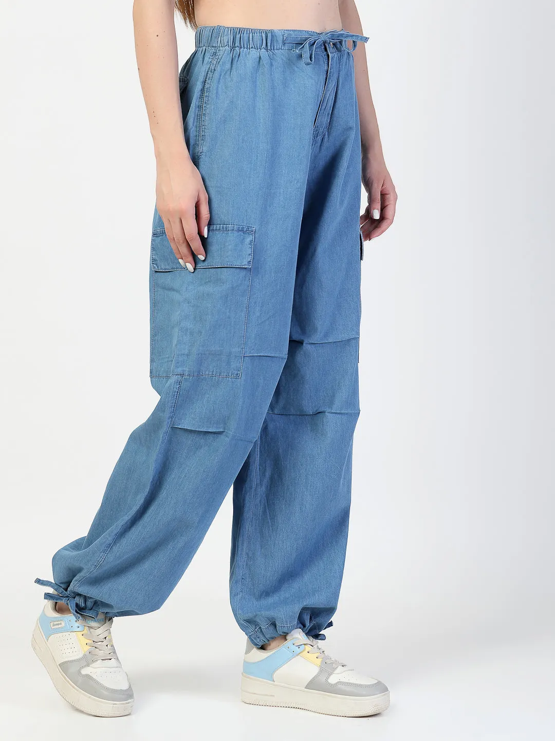 Light Blue Cargo Jeans With Elastcated Waistband