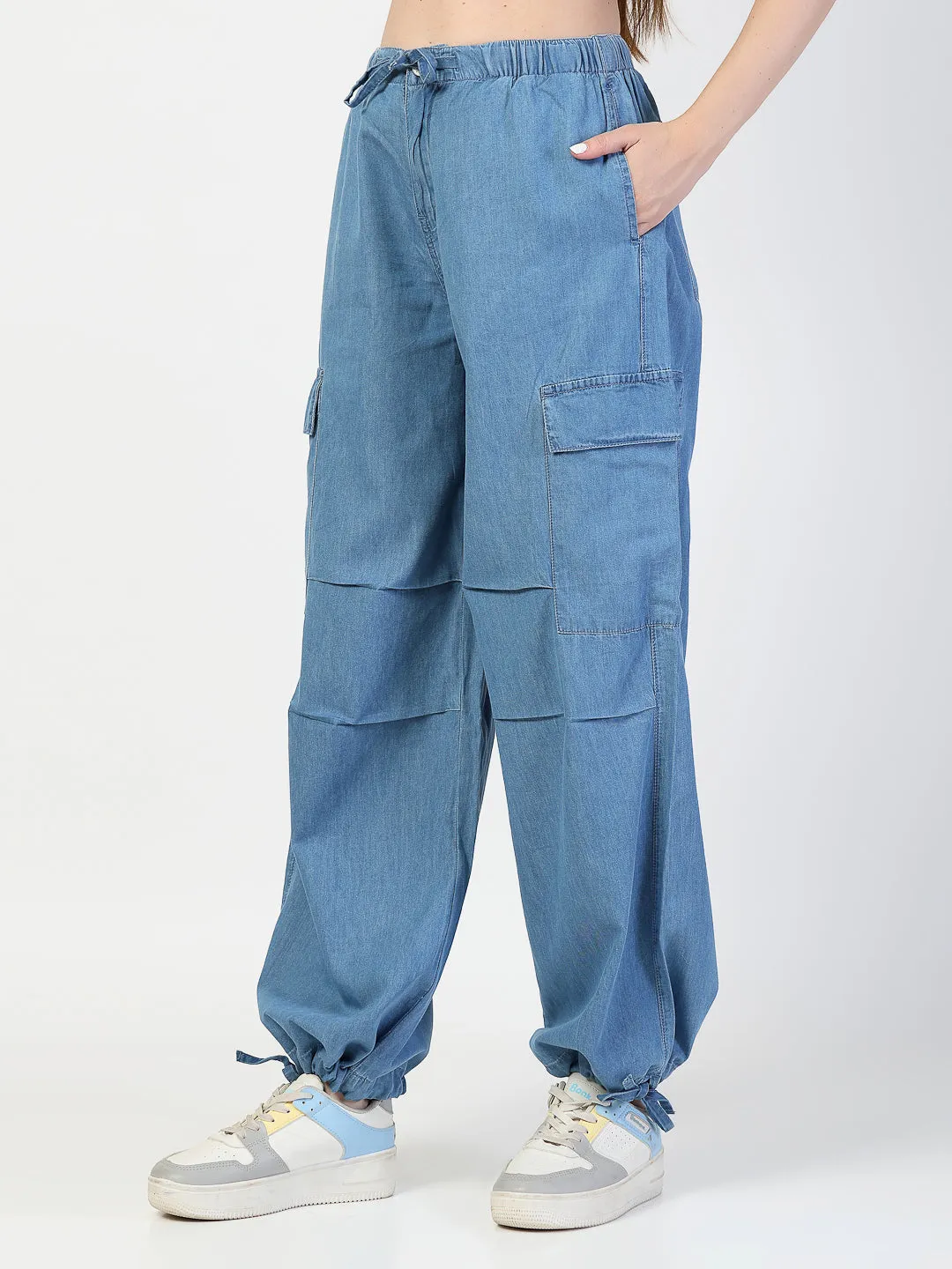 Light Blue Cargo Jeans With Elastcated Waistband