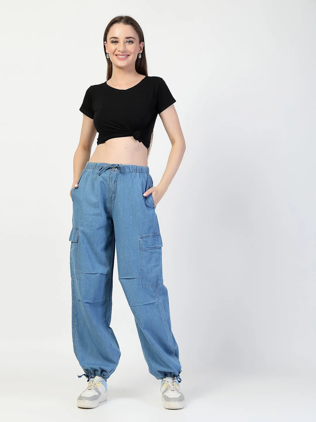 Light Blue Cargo Jeans With Elastcated Waistband