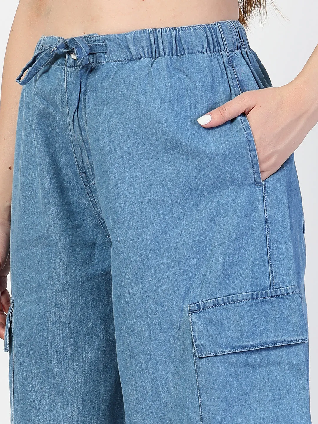 Light Blue Cargo Jeans With Elastcated Waistband