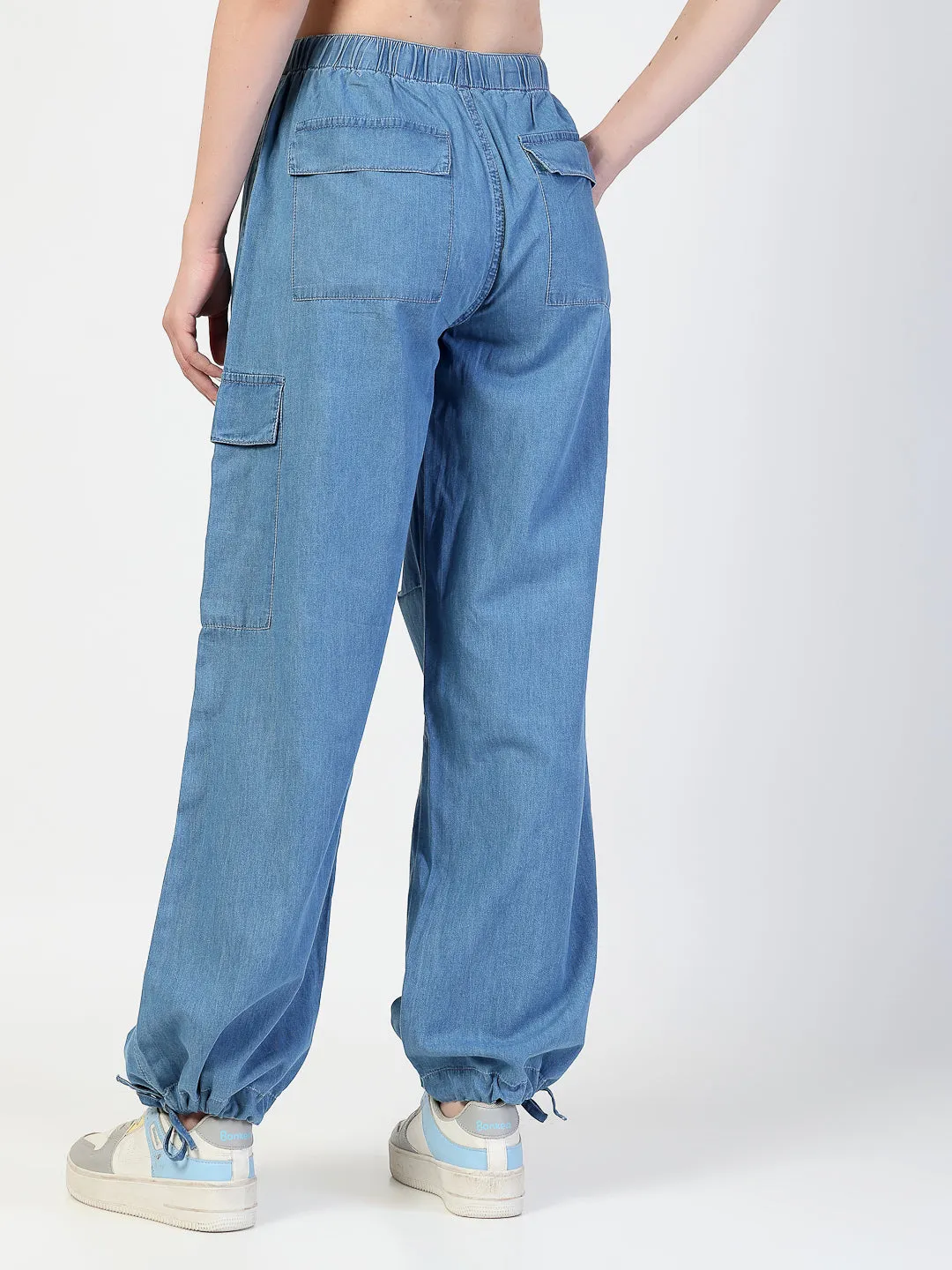 Light Blue Cargo Jeans With Elastcated Waistband