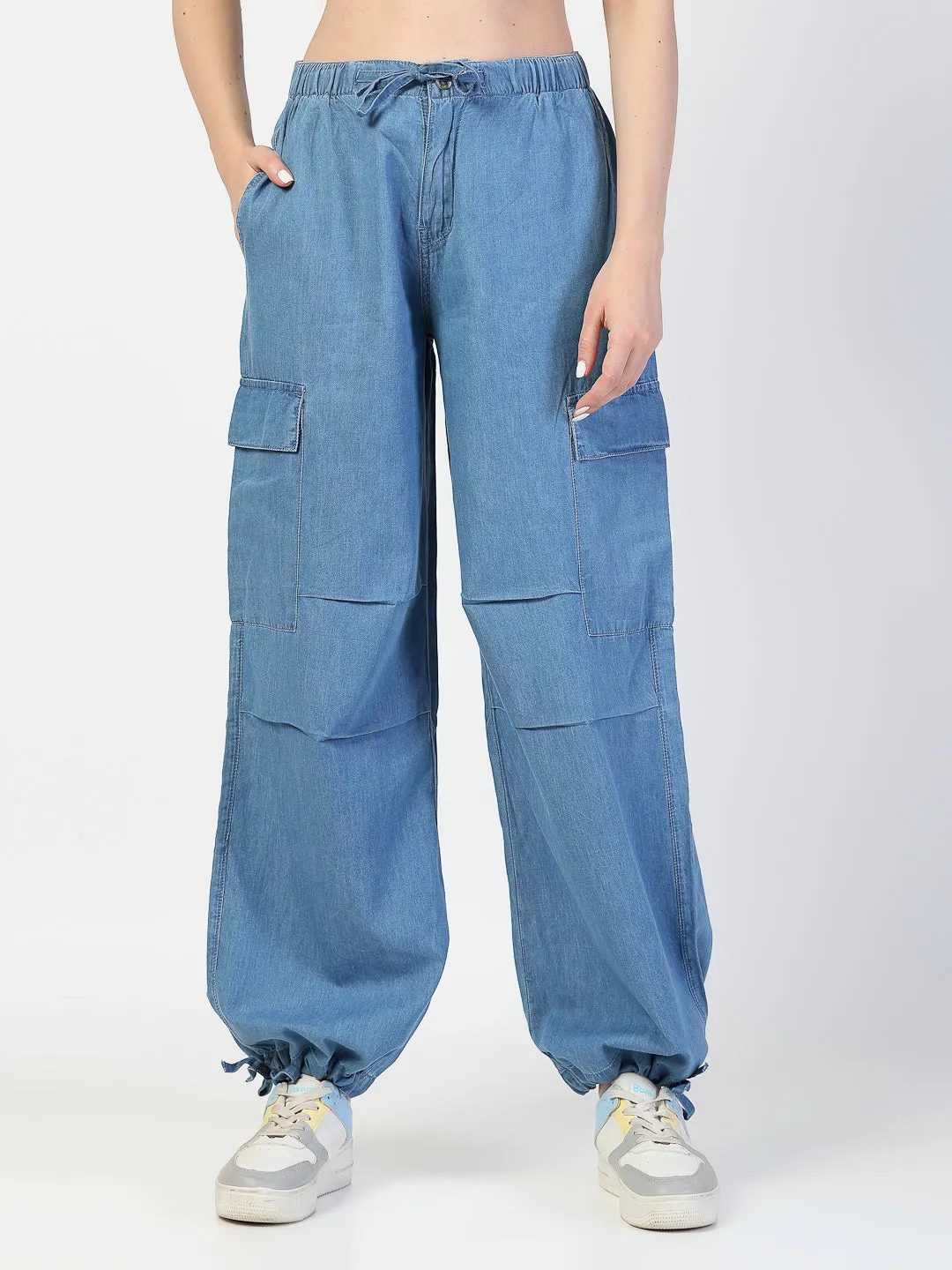 Light Blue Cargo Jeans With Elastcated Waistband
