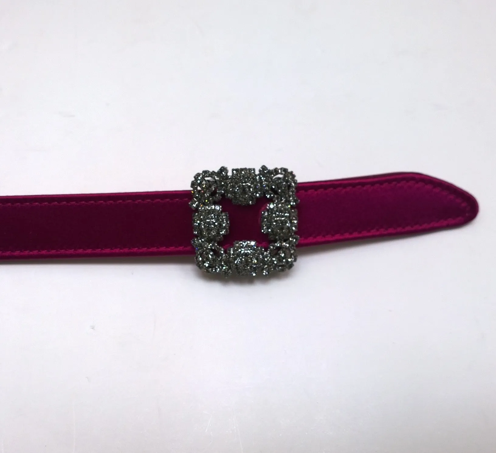 Manolo Blahnik Hangisi Mini Fuchsia Satin Rhinestone Buckle Belt 20mm Dark Pink