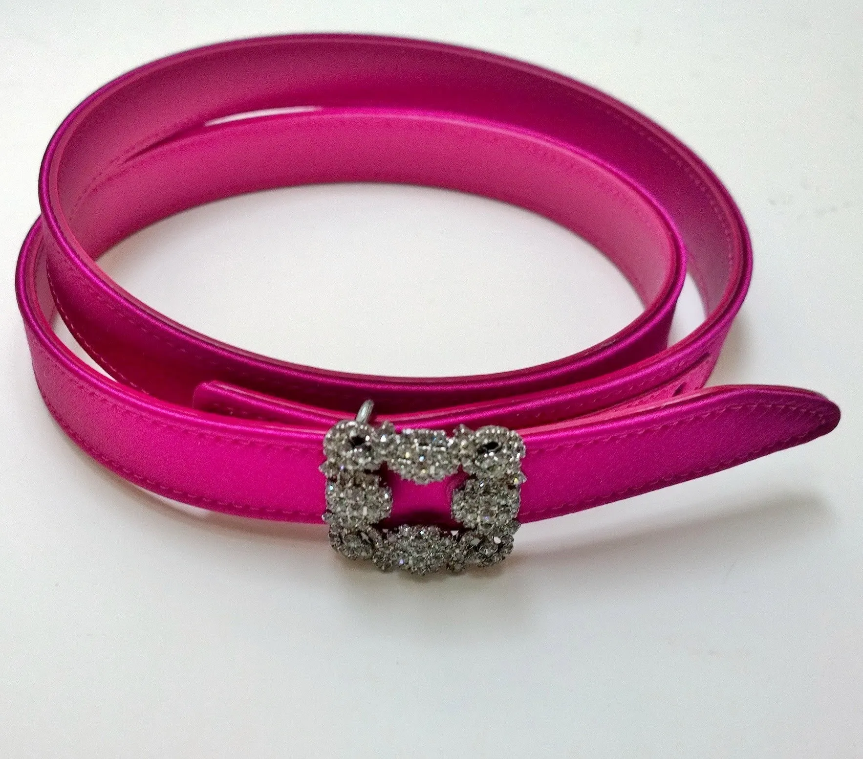 Manolo Blahnik Hangisi Mini Fuchsia Satin Rhinestone Buckle Belt 20mm Dark Pink