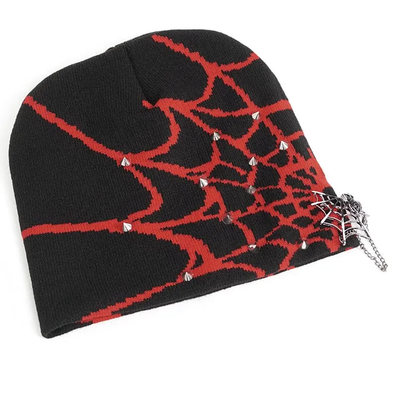 Men's Punk Contrast Color Spider Web Knitted Beanie Red