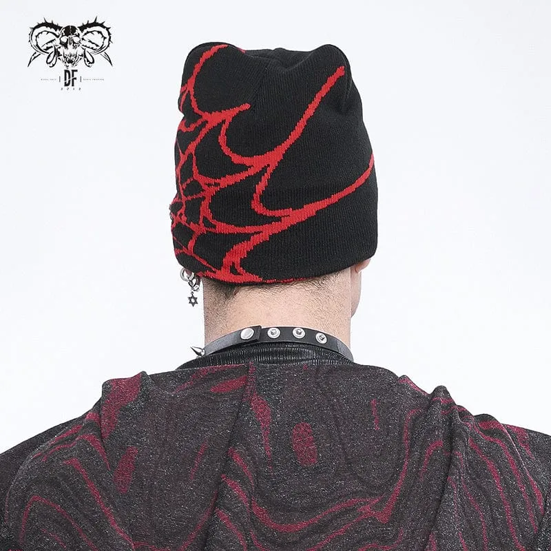 Men's Punk Contrast Color Spider Web Knitted Beanie Red