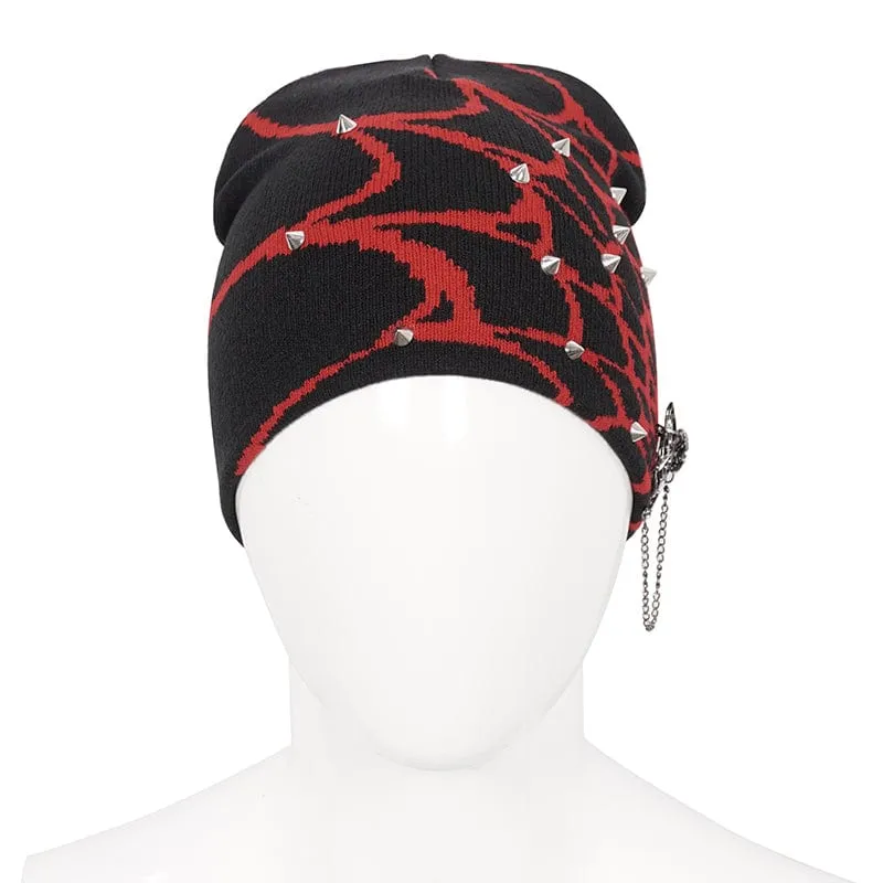 Men's Punk Contrast Color Spider Web Knitted Beanie Red