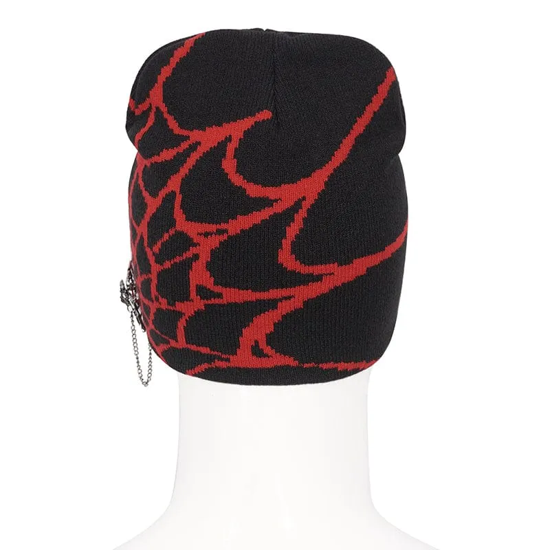 Men's Punk Contrast Color Spider Web Knitted Beanie Red