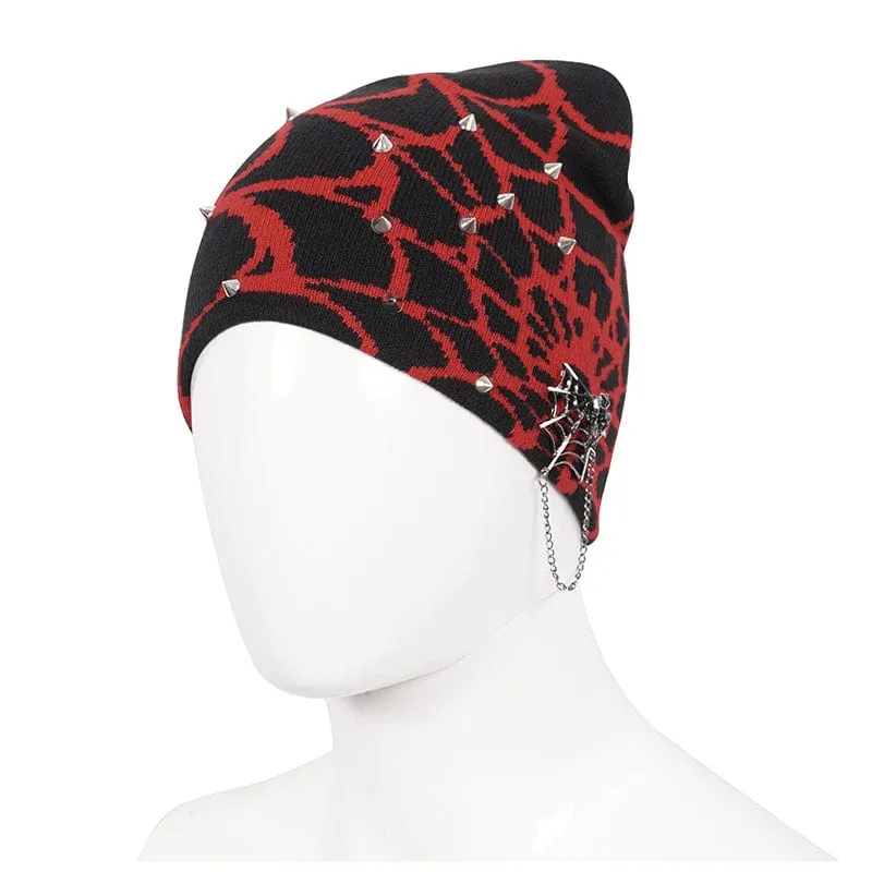 Men's Punk Contrast Color Spider Web Knitted Beanie Red
