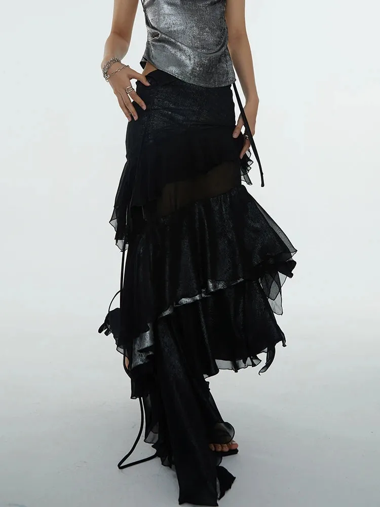 Patchwork Ruffles Skirts For Women High Waist Irregular Solid Casual Slimming Sexy Skirt Female Fashion Clothing