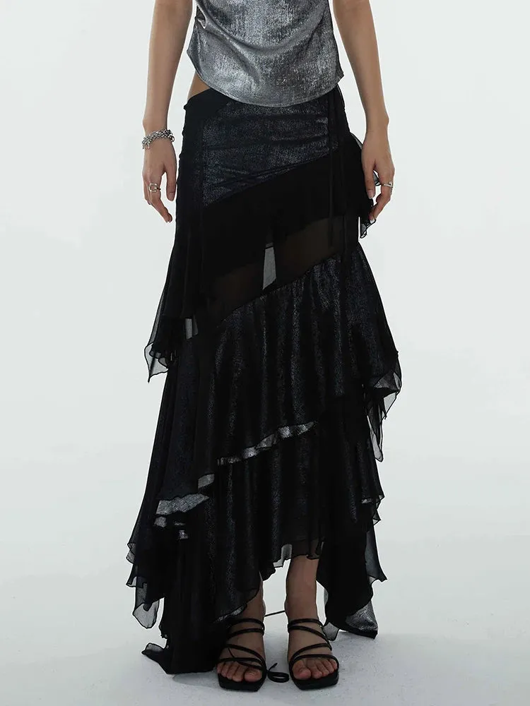 Patchwork Ruffles Skirts For Women High Waist Irregular Solid Casual Slimming Sexy Skirt Female Fashion Clothing