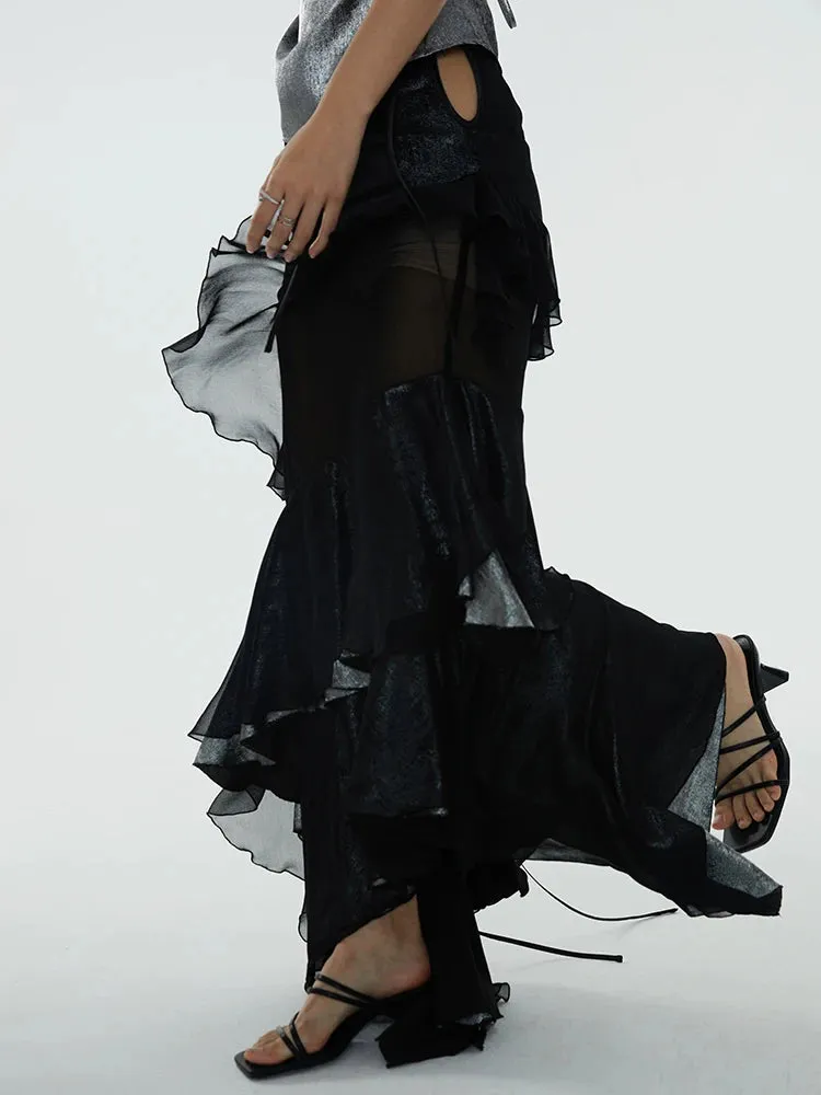 Patchwork Ruffles Skirts For Women High Waist Irregular Solid Casual Slimming Sexy Skirt Female Fashion Clothing
