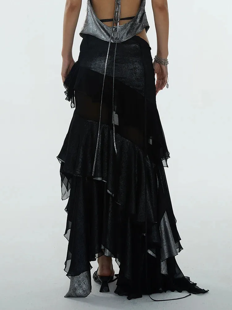Patchwork Ruffles Skirts For Women High Waist Irregular Solid Casual Slimming Sexy Skirt Female Fashion Clothing