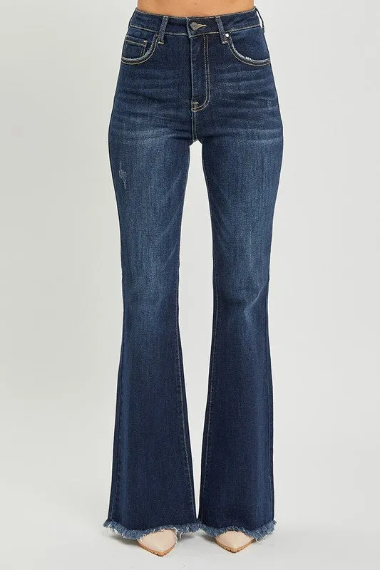 Risen Jeans High Rise Vintage Frayed Hem Flare Jeans
