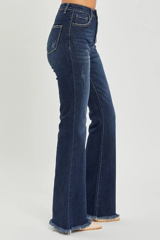 Risen Jeans High Rise Vintage Frayed Hem Flare Jeans