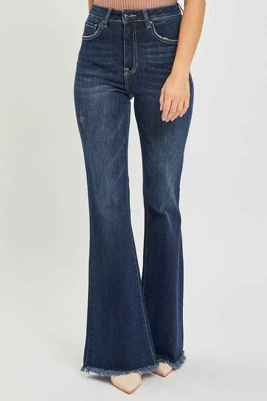 Risen Jeans High Rise Vintage Frayed Hem Flare Jeans