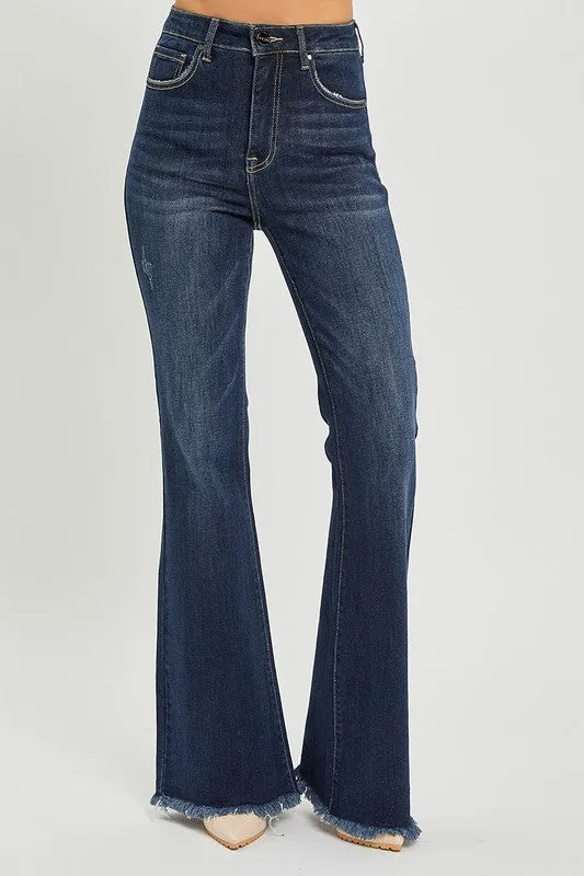 Risen Jeans High Rise Vintage Frayed Hem Flare Jeans
