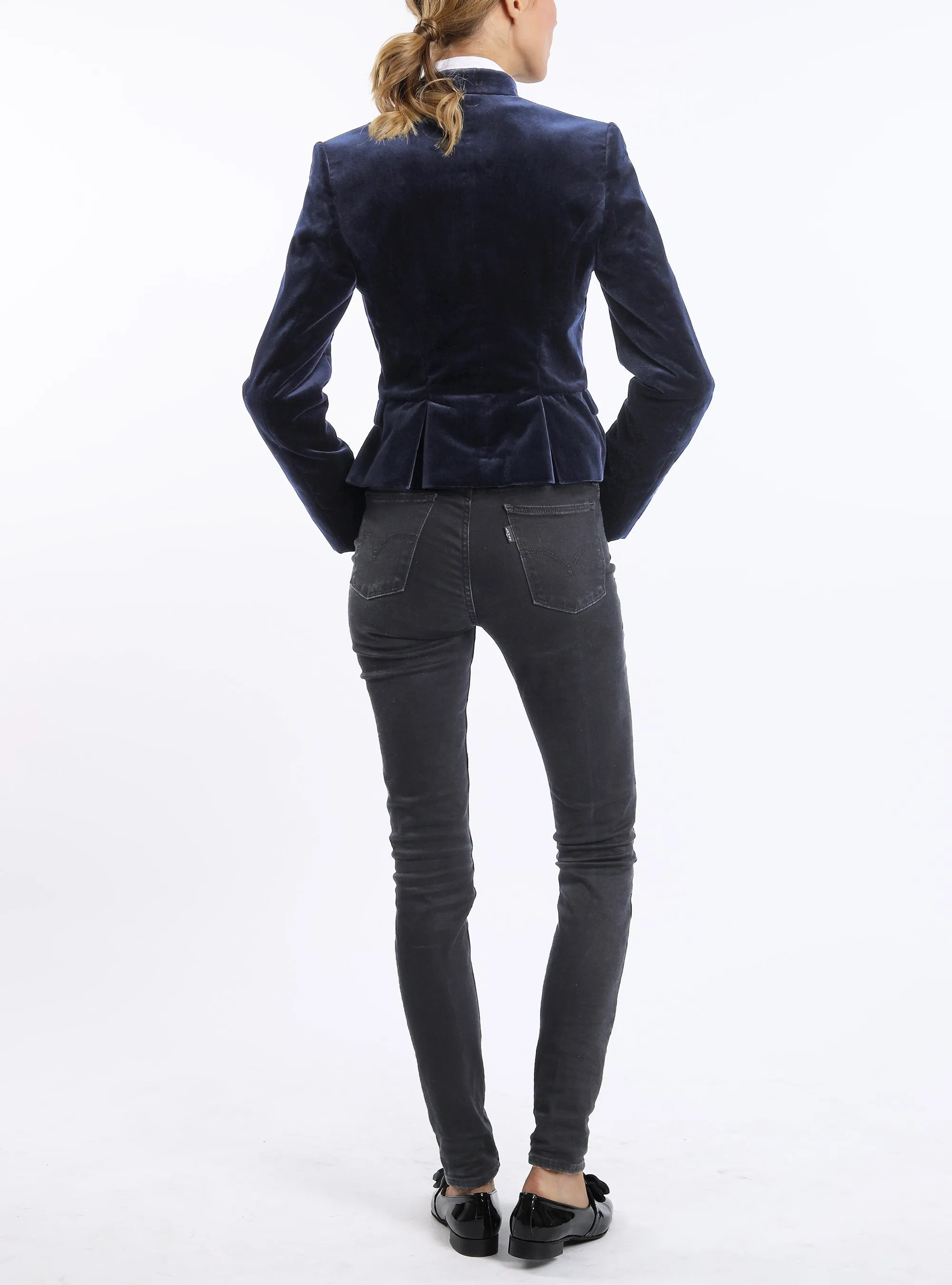 Short peplum blazer from Italian cotton-velvet in midnight blue