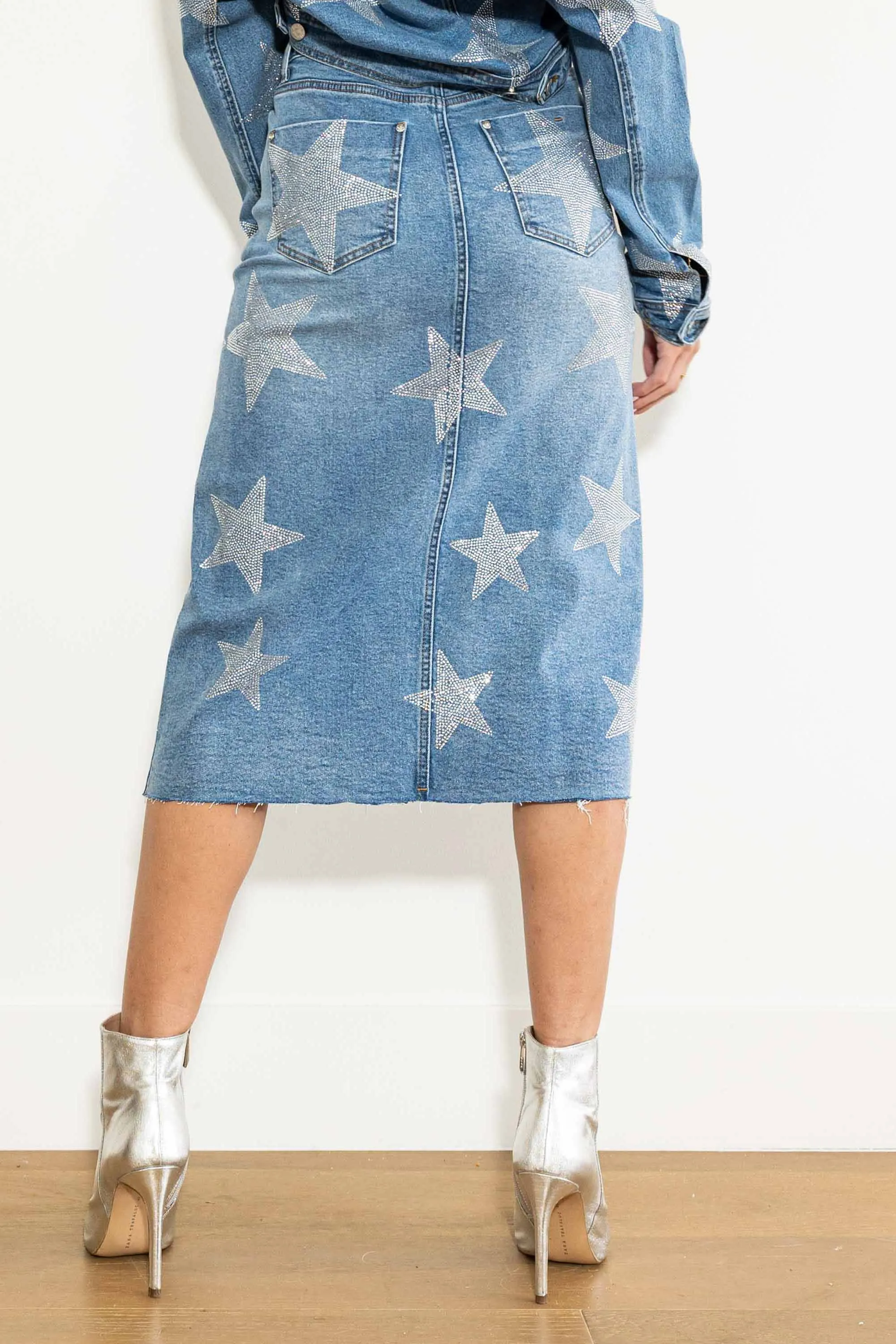 Stars Born Rhinestone Denim Column Skirt