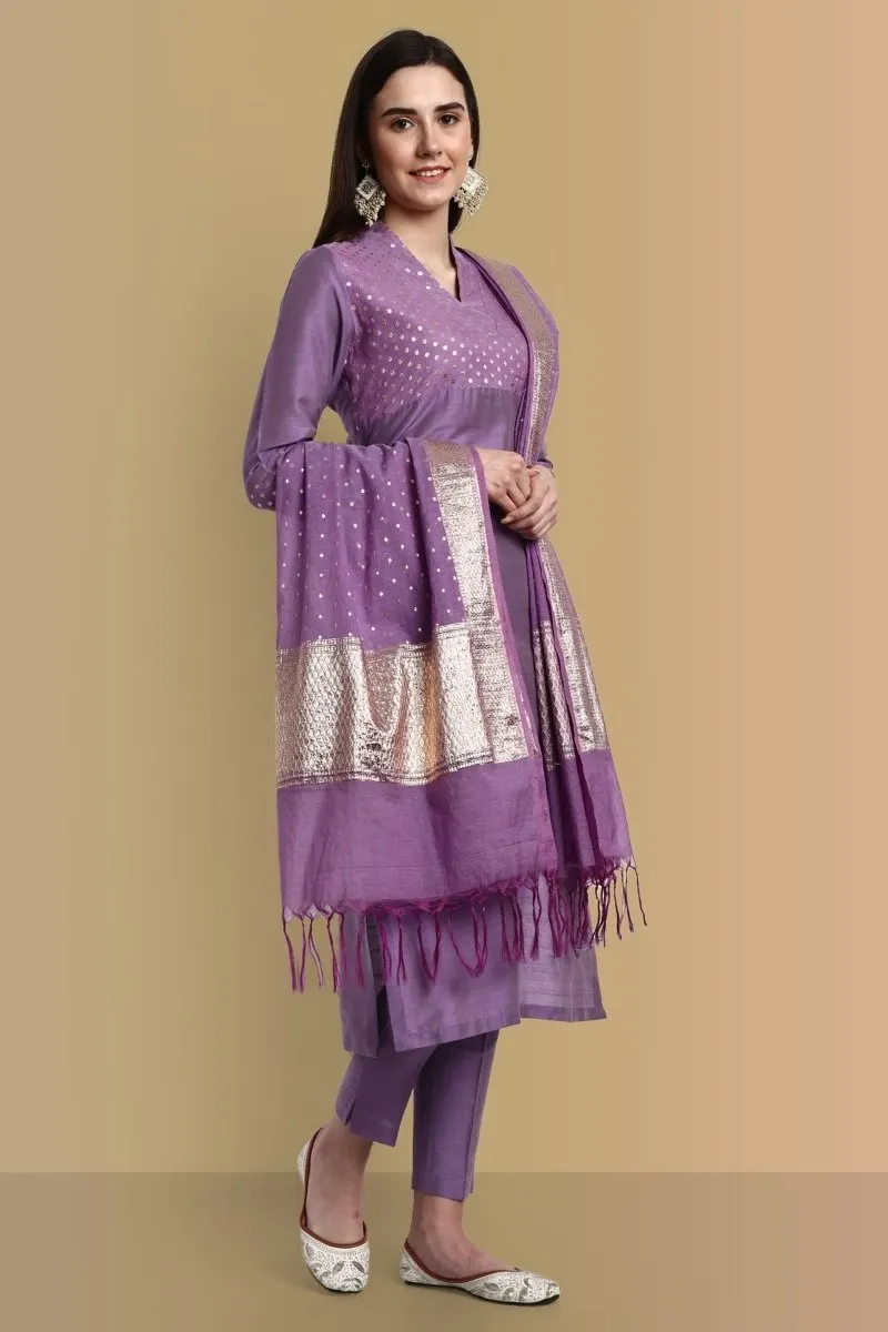 V-Neck Silk Mauve Chanderi Kurta & Pant - Set of 3