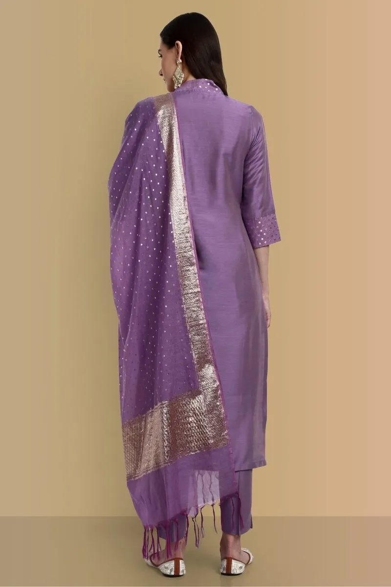 V-Neck Silk Mauve Chanderi Kurta & Pant - Set of 3