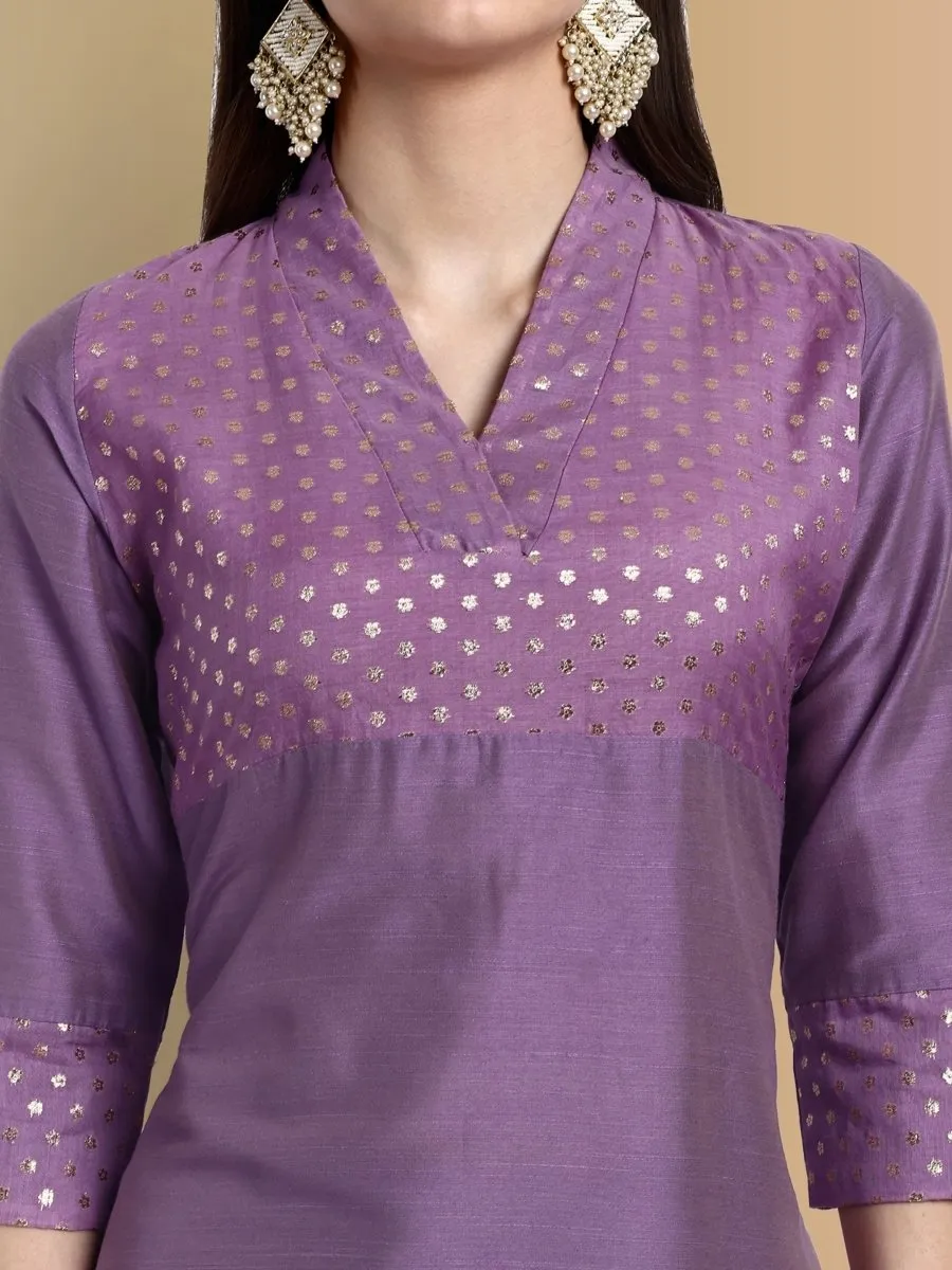 V-Neck Silk Mauve Chanderi Kurta & Pant - Set of 3