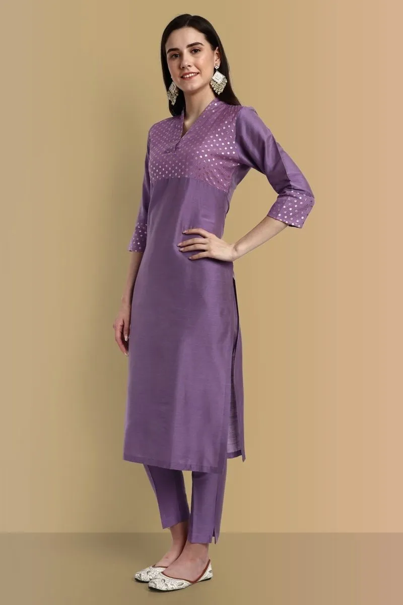 V-Neck Silk Mauve Chanderi Kurta & Pant - Set of 3
