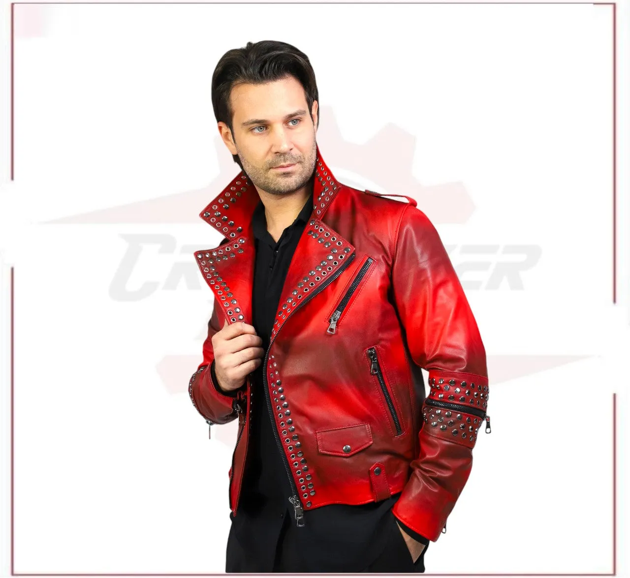 Vasco - Men's Studded Jacket in Genuine Bordeaux Leather
