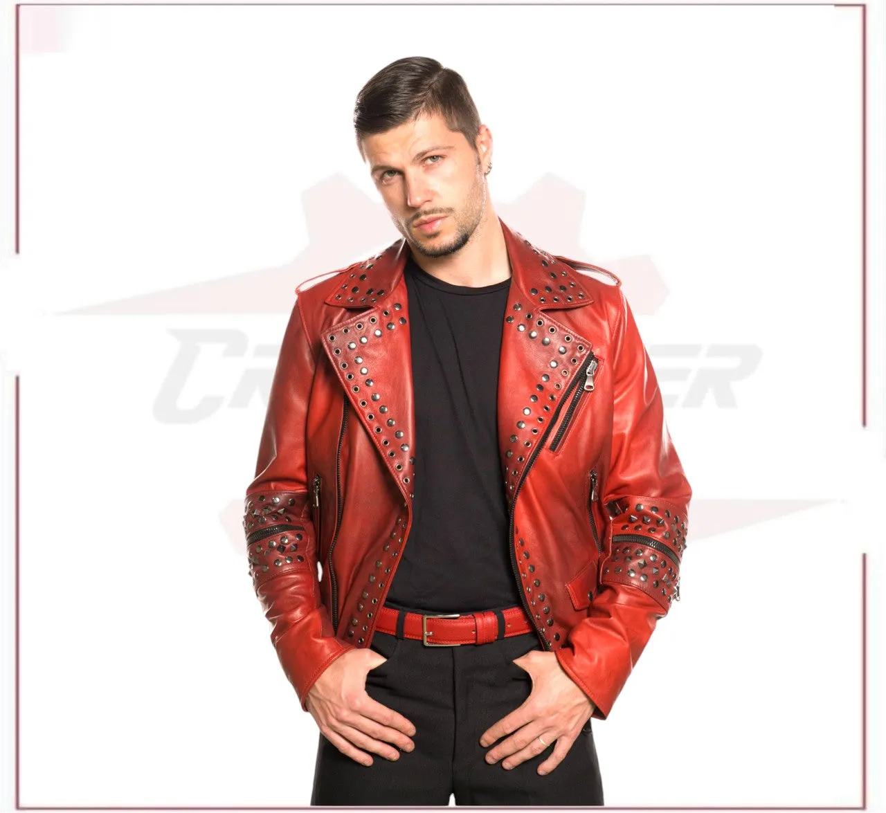 Vasco - Men's Studded Jacket in Genuine Bordeaux Leather