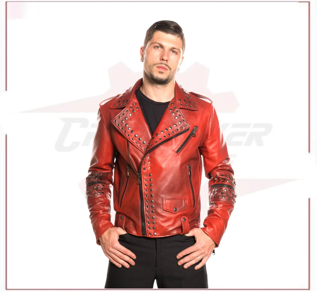 Vasco - Men's Studded Jacket in Genuine Bordeaux Leather