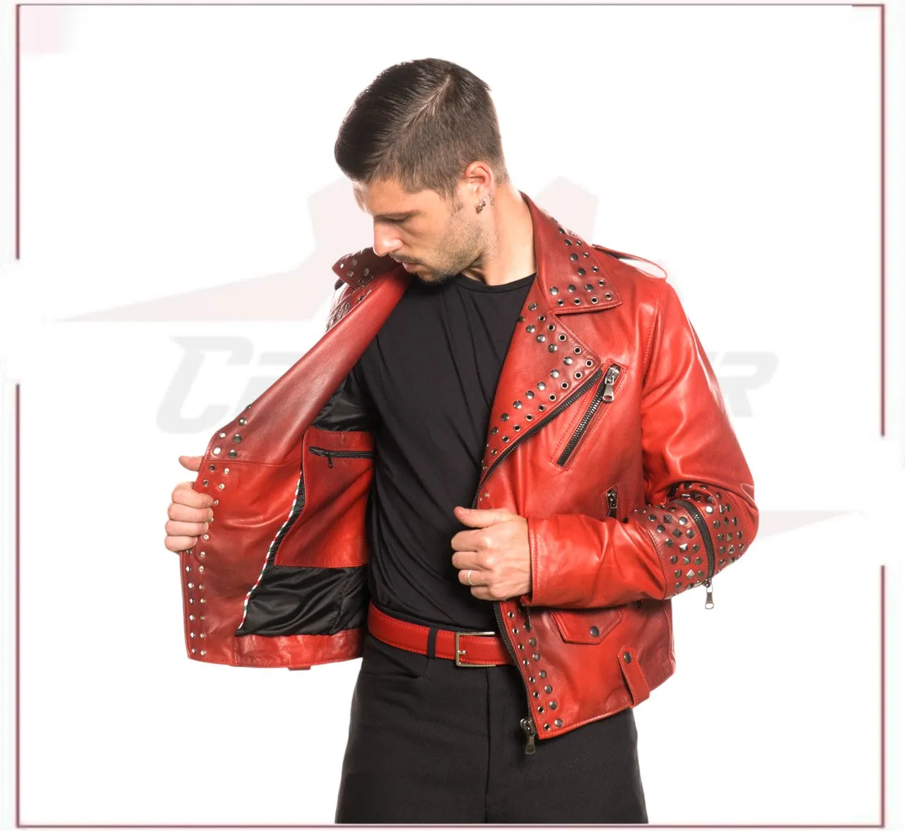 Vasco - Men's Studded Jacket in Genuine Bordeaux Leather