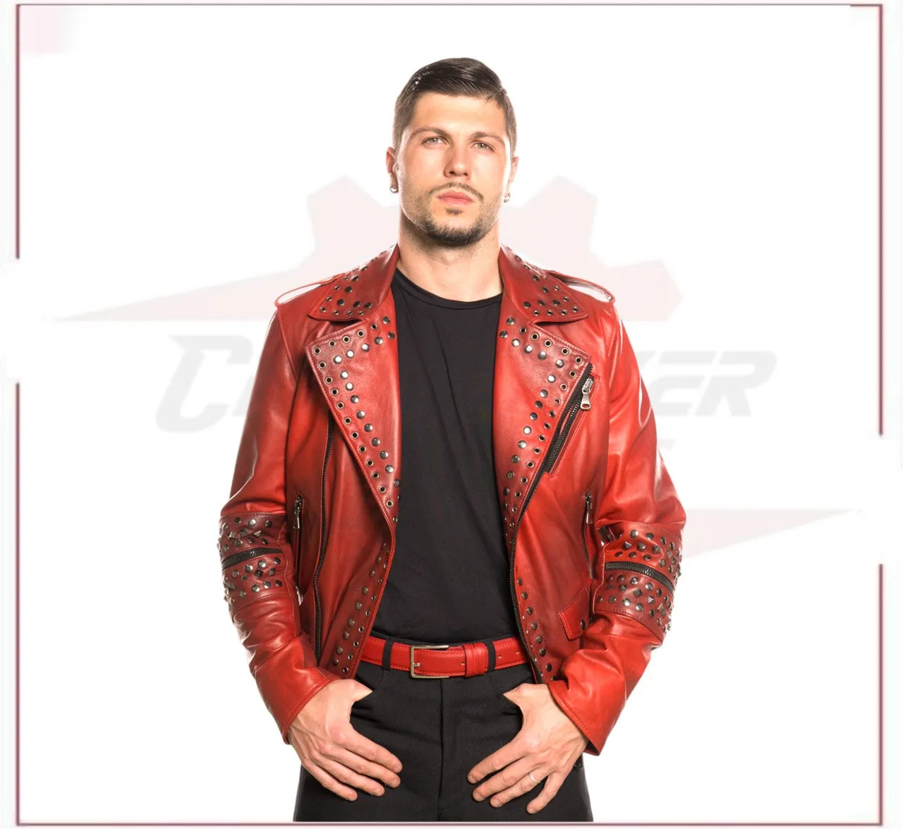 Vasco - Men's Studded Jacket in Genuine Bordeaux Leather