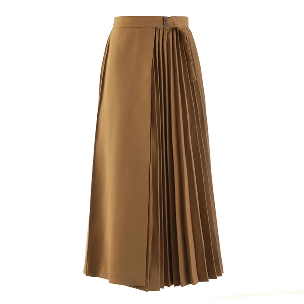 Vintage Irregular Skirt For Women High Waist A Line Patchwork Pleated Solid Midi Skirts Female Summer Clothing