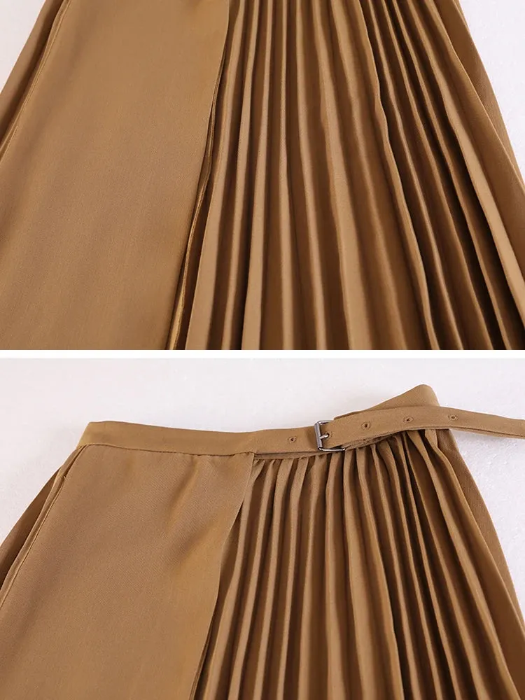 Vintage Irregular Skirt For Women High Waist A Line Patchwork Pleated Solid Midi Skirts Female Summer Clothing
