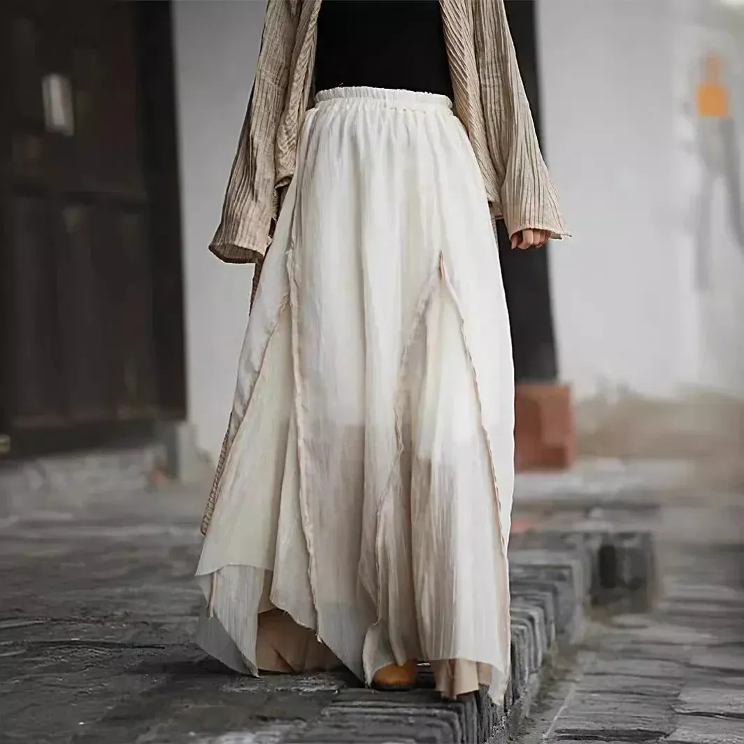 Vintage Irregular Tencel Skirt with Elastic Waist