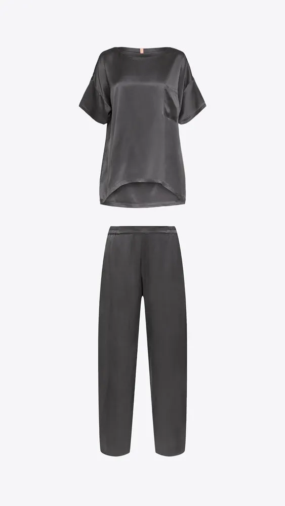 Silk Tee and Pant Set in Meditative Grey with Washable Fabric