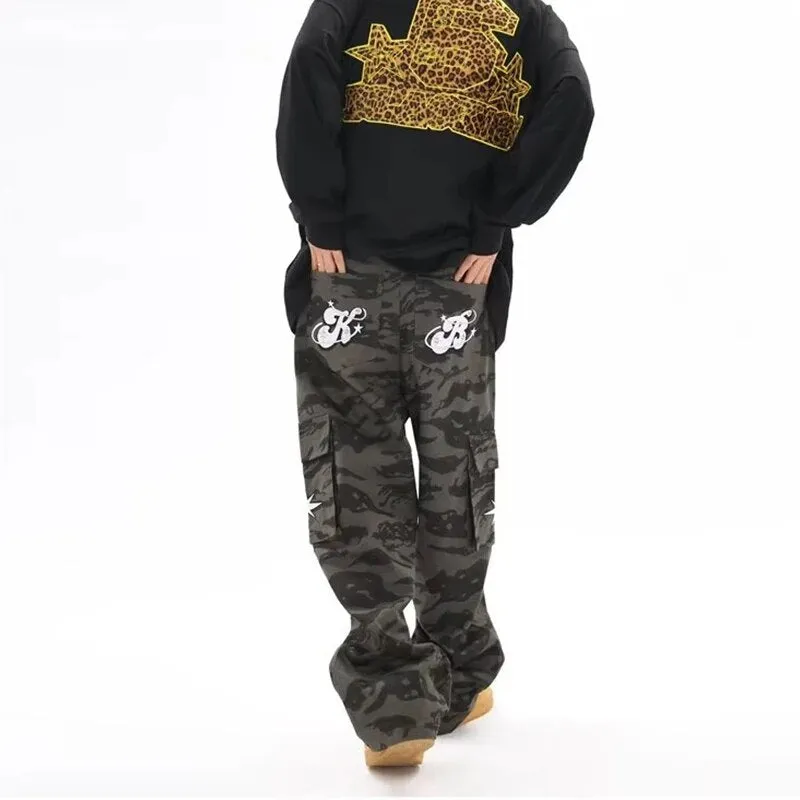 Wiaofellas Men Camouflage Cargo Pants Women's Oversize Cargo Pants Harajuku Streetwears Spring Embroidery Loose Casual Straight Trousers