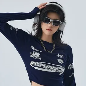 Y2K Top Damen T-Shirts Langarm Druck Style Rennwagen