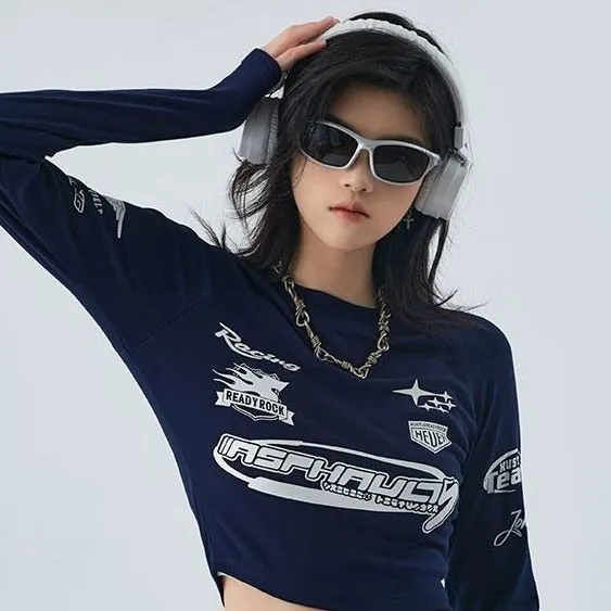 Y2K Top Damen T-Shirts Langarm Druck Style Rennwagen