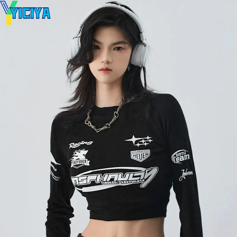 Y2K Top Damen T-Shirts Langarm Druck Style Rennwagen